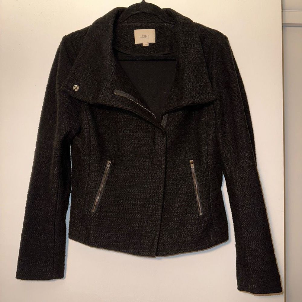 Ann Taylor LOFT Womens Moto Jacket Full Zip Pocket Cotton Blend Black Size 6